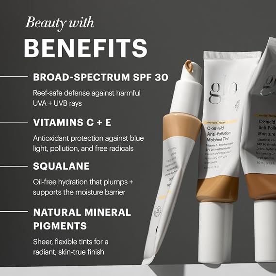 Glo Skin Beauty C-Shield Tinted Moisturizer SPF 30, 5W Medium 1.7oz Anti-pollution tinted sunscreen, Vitamin C & Squalane, dewy finish, lightweight, all skin types, daily SPF skincare