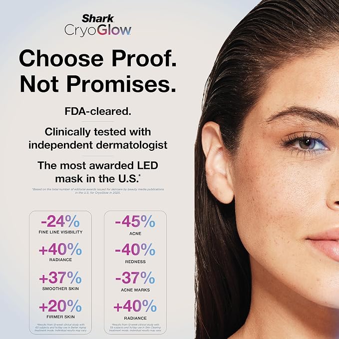 Shark CryoGlow LED Face Mask, Red Light Therapy, Under-Eye Cooling, FW312PL Red, Blue & Deep Infrared Light, Skincare Device for Fine Lines & Acne, Clinically Tested & FDA-Cleared, 4 Modes, Lilac